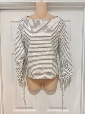 GAP White Striped Boatneck Top with Ruched Drawstring Sleeves